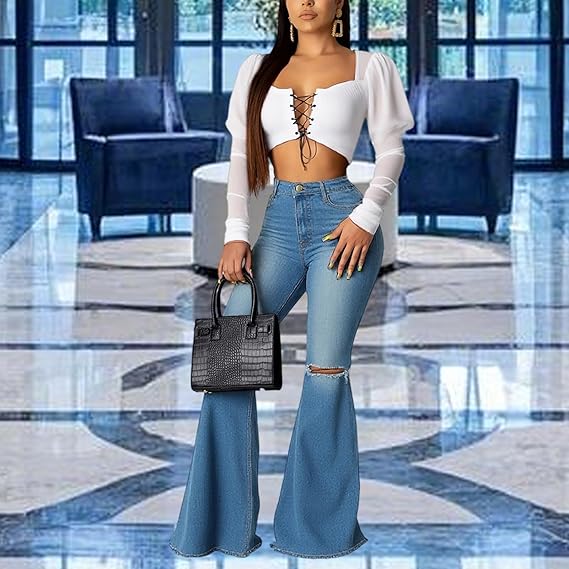 70-იანი წლების ქალის ჯინსი, ელასტიური, მაღალწელიანი, ნედლი, ჯინსის შარვალი, კლასიკური ვინტაჟური, გაფართოებული ჯინსი